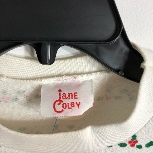 Vintage Christmas Tree Ringer Neck Sweatshirt Large 90s Jane Colby White Green - Picture 5 of 9